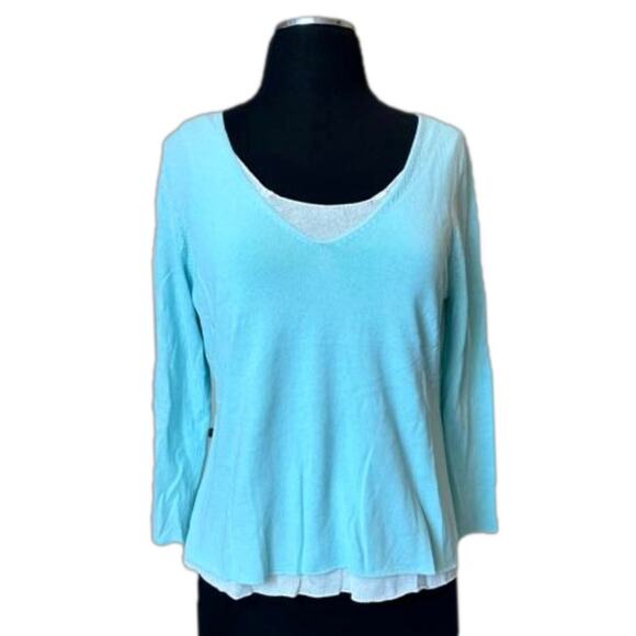 Sigrid Olsen Double Layered Sweater Cotton Rayon 3/4 Sleeve Light Blue M Petite - Picture 1 of 15
